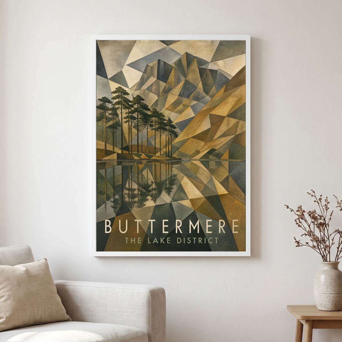 Buttermere travel poster in a white frame, hanging in a living2