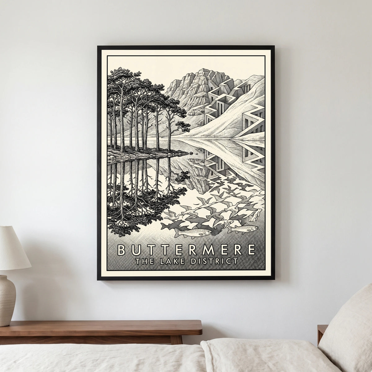 Buttermere travel poster in a black frame, hanging in a bedroom3