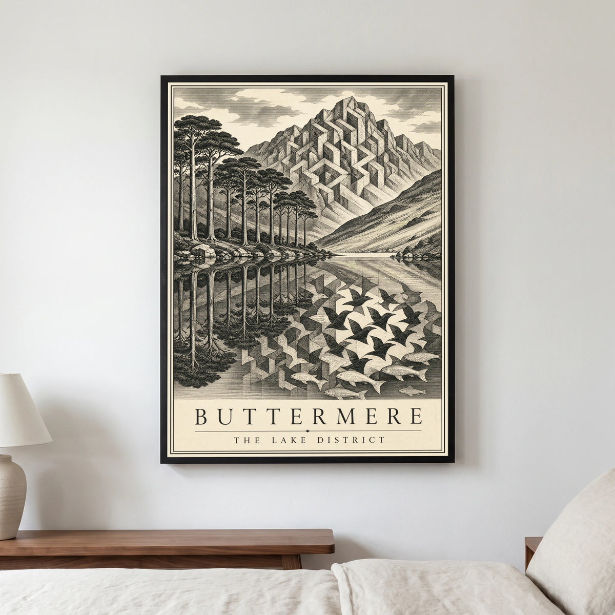 Buttermere travel poster in a black frame, hanging in a bedroom3