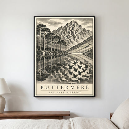Buttermere travel poster in a black frame, hanging in a bedroom3
