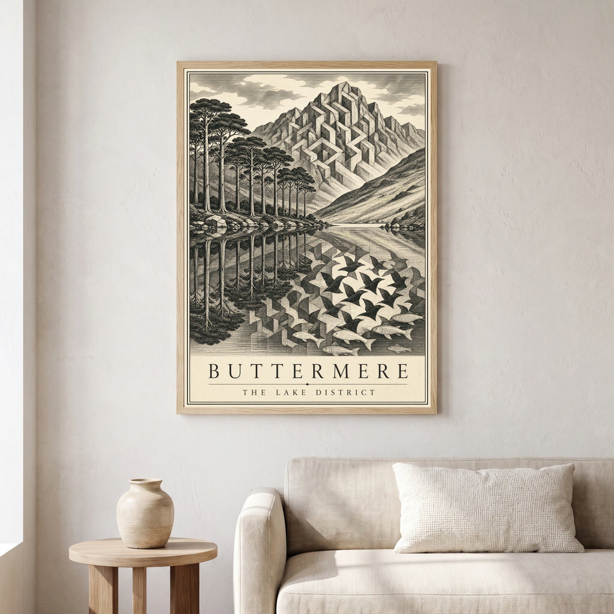 Buttermere travel poster in a natural frame, hanging in a living