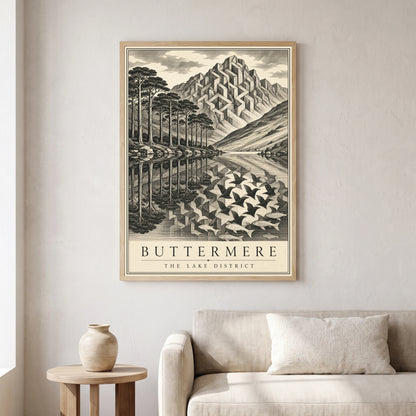 Buttermere travel poster in a natural frame, hanging in a living