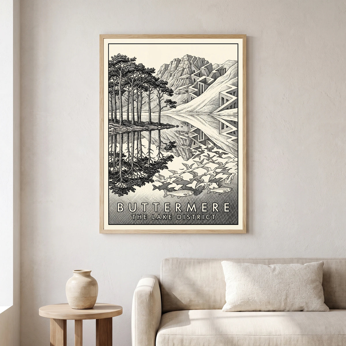 Buttermere travel poster in a natural frame, hanging in a living