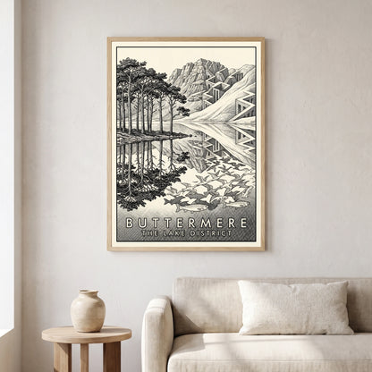 Buttermere travel poster in a natural frame, hanging in a living