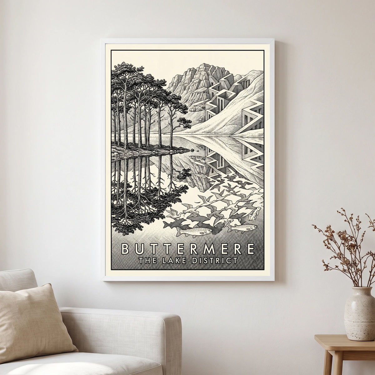 Buttermere travel poster in a white frame, hanging in a living2