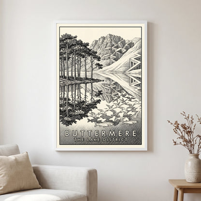 Buttermere travel poster in a white frame, hanging in a living2