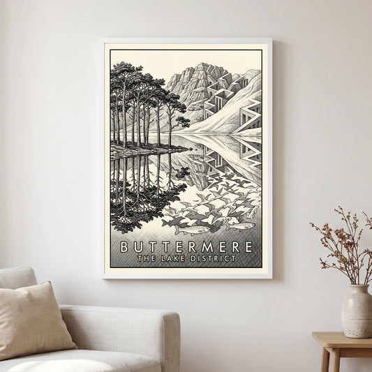 Buttermere travel poster in a white frame, hanging in a living2