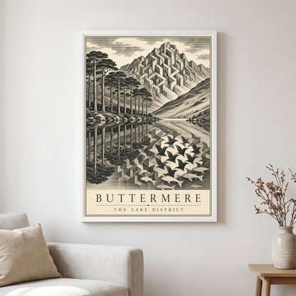 Buttermere travel poster in a white frame, hanging in a living2