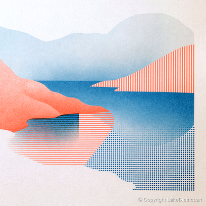 Buttermere Fells in Coral and Blue - lake district lake art print and canvas by Elliot Reid A.I
