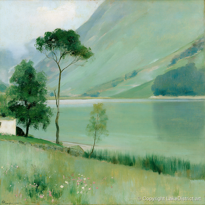 Buttermere in Soft Sage Green - lake district lake art print and canvas by Charles Waverly A.I