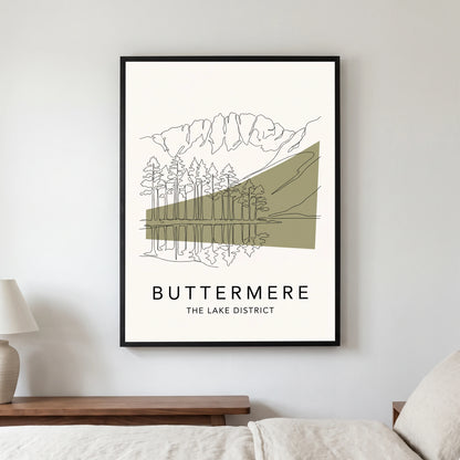 Buttermere travel poster in a black frame, hanging in a bedroom3