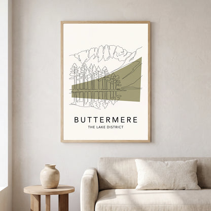 Buttermere travel poster in a natural frame, hanging in a living