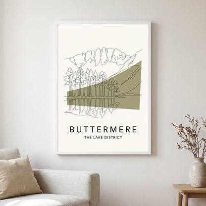 Buttermere travel poster in a white frame, hanging in a living2