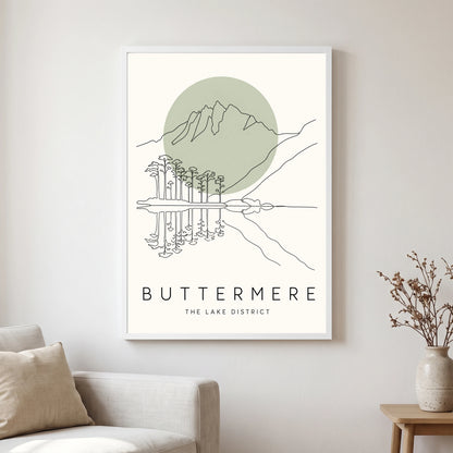 Buttermere travel poster in a white frame, hanging in a living2