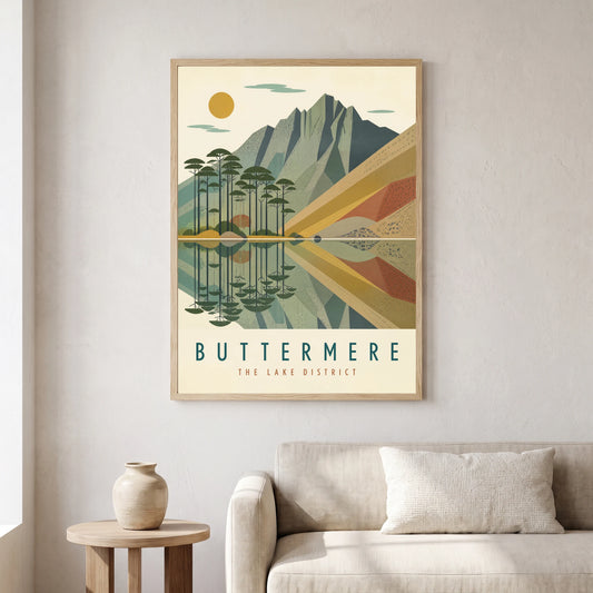 Buttermere travel poster in a natural frame, hanging in a living