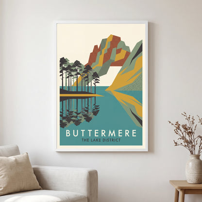 Buttermere travel poster in a white frame, hanging in a living2