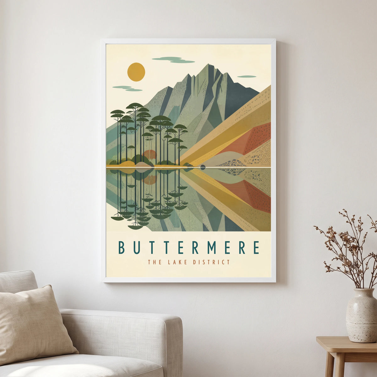 Buttermere travel poster in a white frame, hanging in a living2