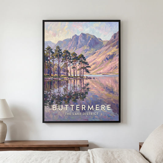 Buttermere travel poster in a black frame, hanging in a bedroom3