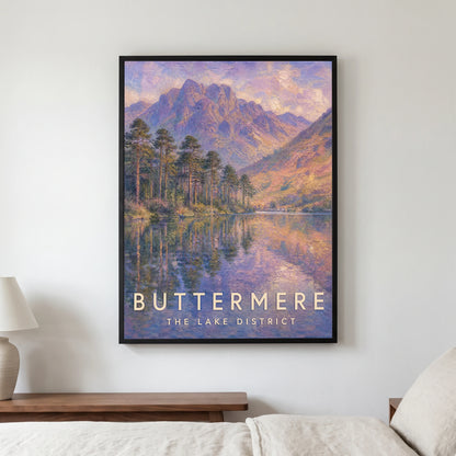 Buttermere travel poster in a black frame, hanging in a bedroom3