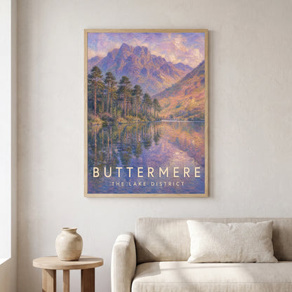 Buttermere travel poster in a natural frame, hanging in a living