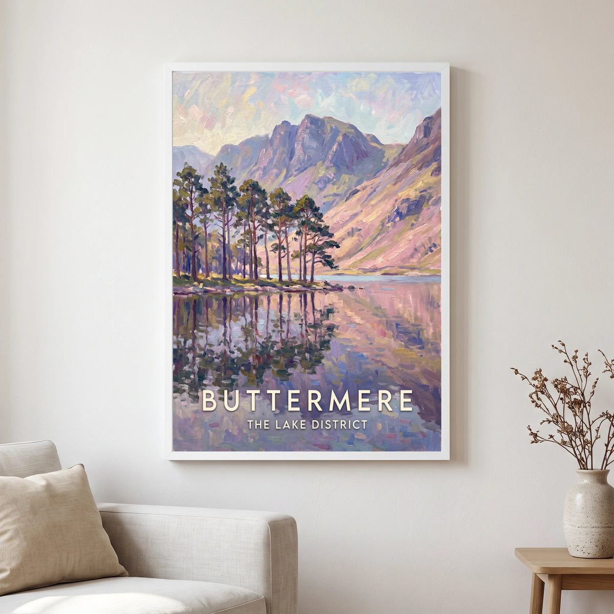 Buttermere travel poster in a white frame, hanging in a living2