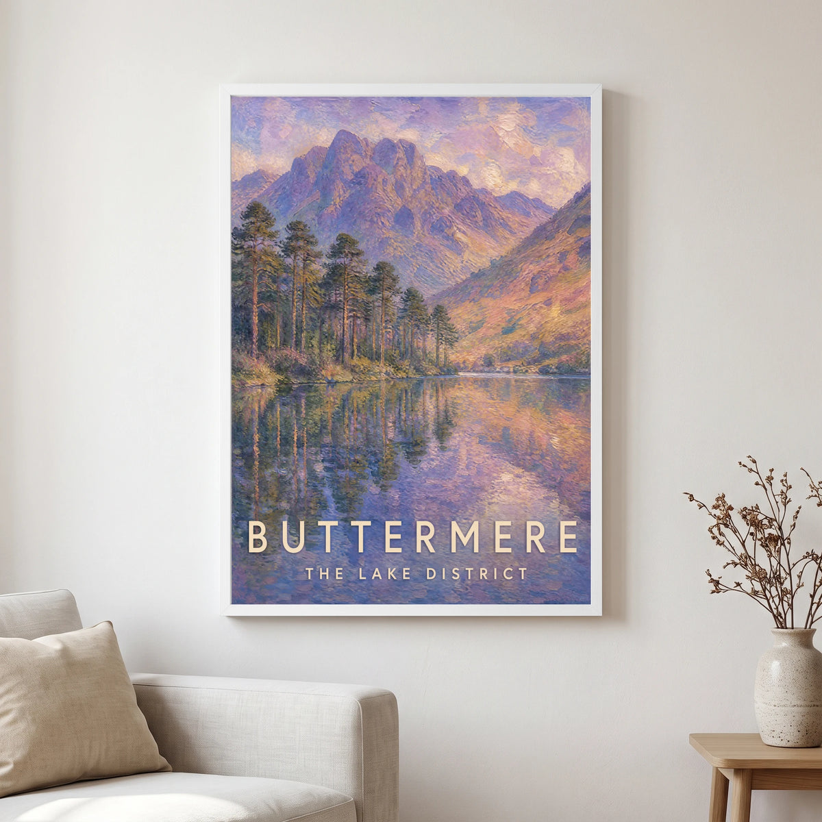 Buttermere travel poster in a white frame, hanging in a living2