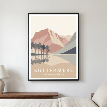 Buttermere travel poster in a black frame, hanging in a bedroom3