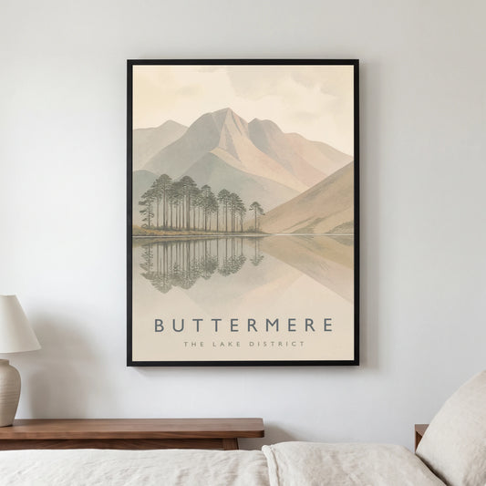 Buttermere travel poster in a black frame, hanging in a bedroom3