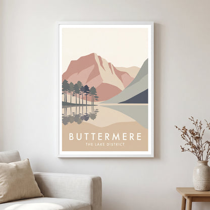 Buttermere travel poster in a white frame, hanging in a living2