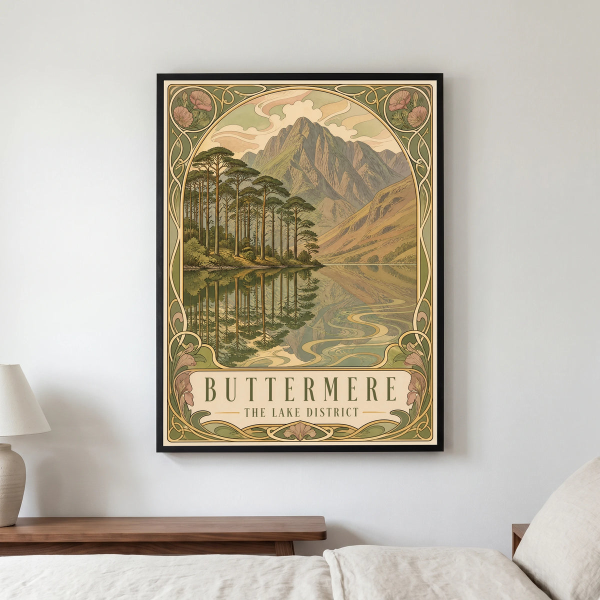 Buttermere travel poster in a black frame, hanging in a bedroom3