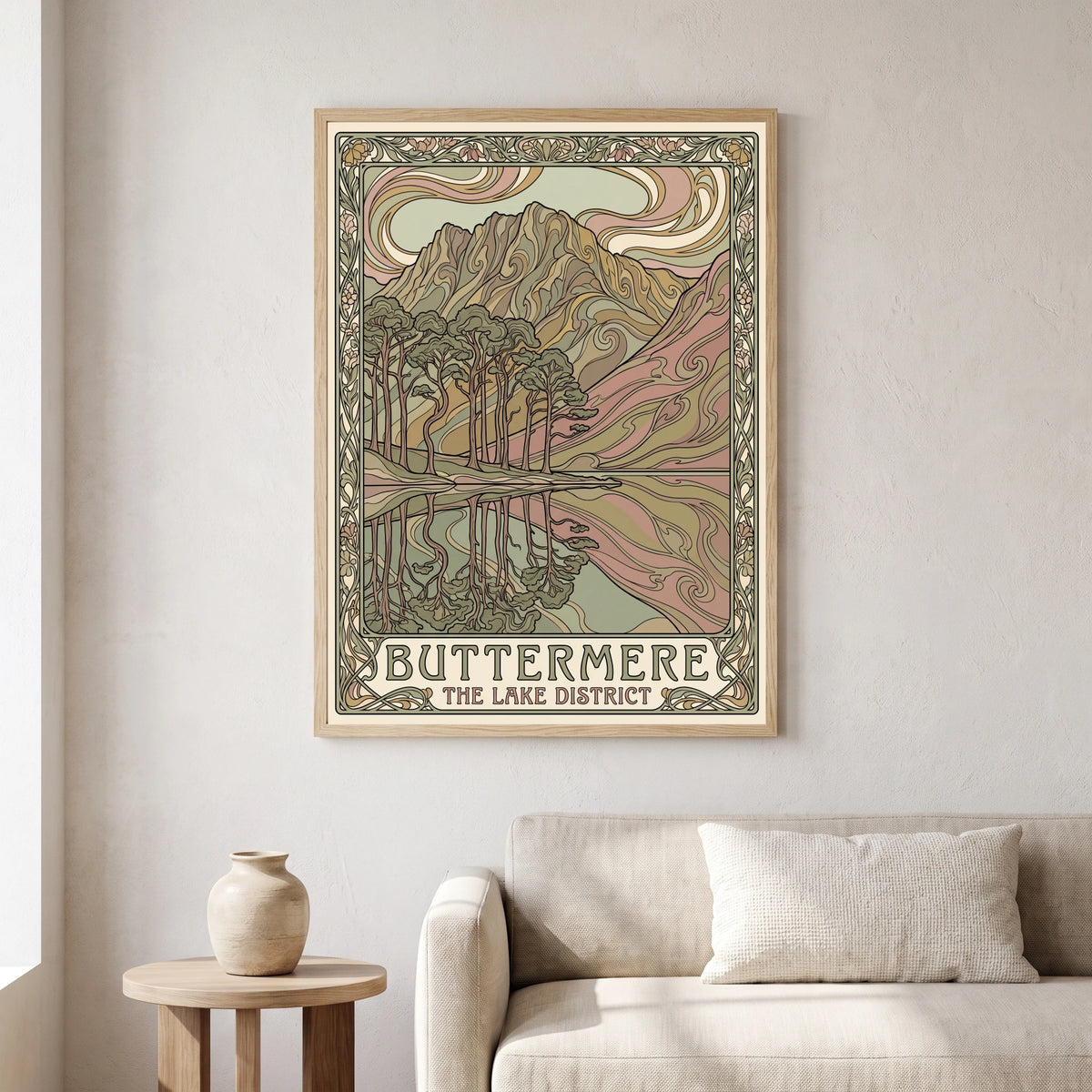 Buttermere travel poster in a natural frame, hanging in a living