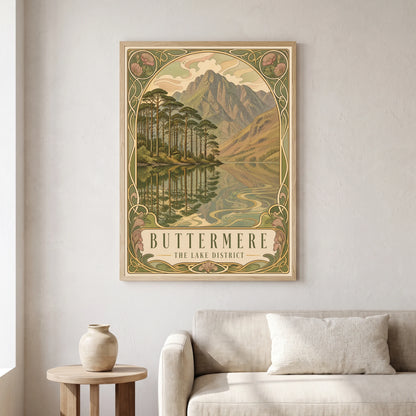 Buttermere travel poster in a natural frame, hanging in a living