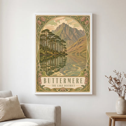 Buttermere travel poster in a white frame, hanging in a living2