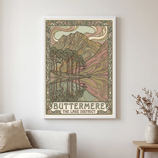 Buttermere travel poster in a white frame, hanging in a living2