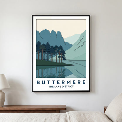 Buttermere travel poster in a black frame, hanging in a bedroom3