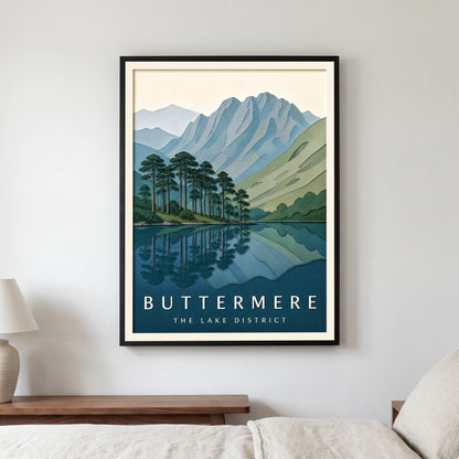 Buttermere travel poster in a black frame, hanging in a bedroom3