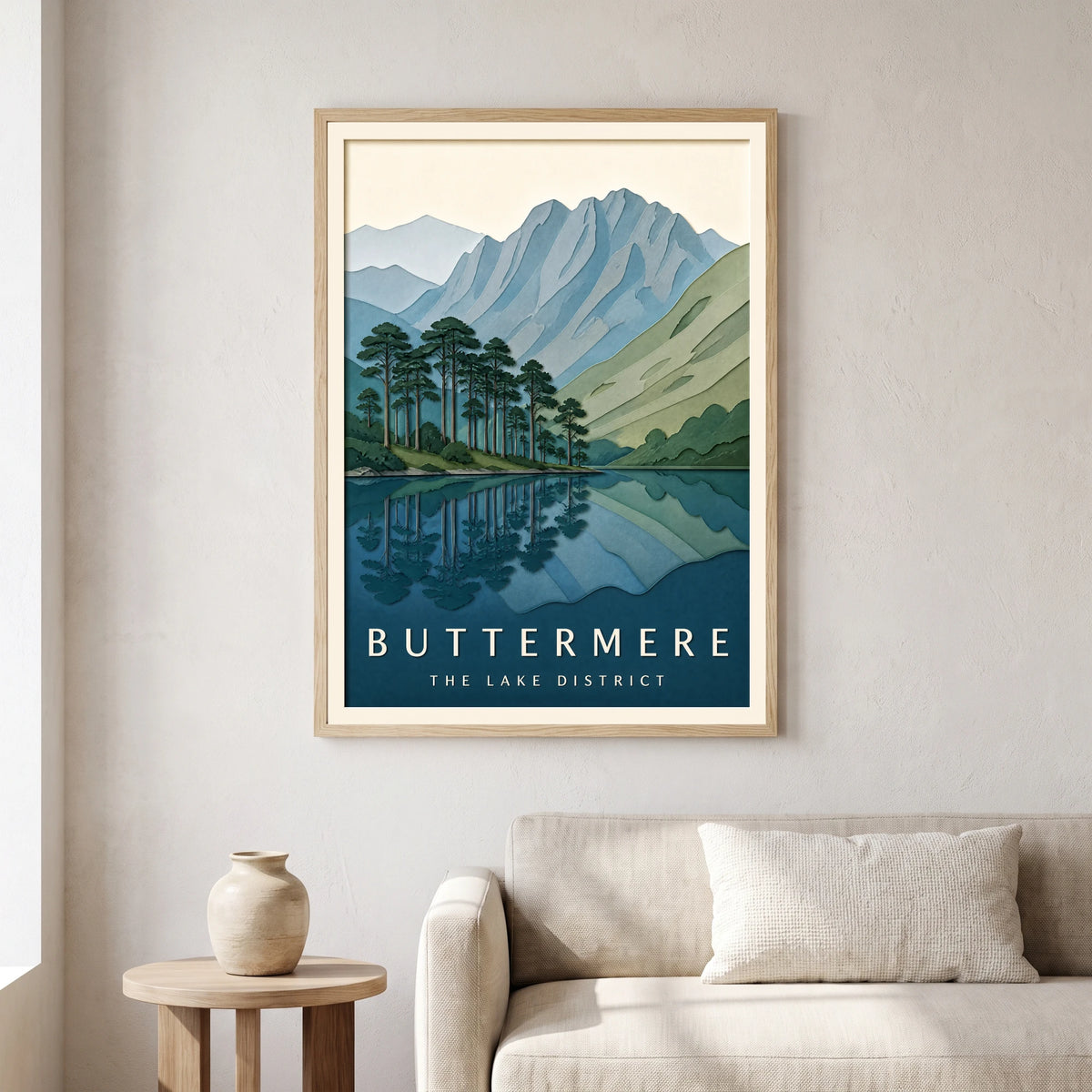Buttermere travel poster in a natural frame, hanging in a living