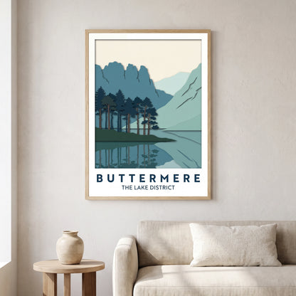 Buttermere travel poster in a natural frame, hanging in a living