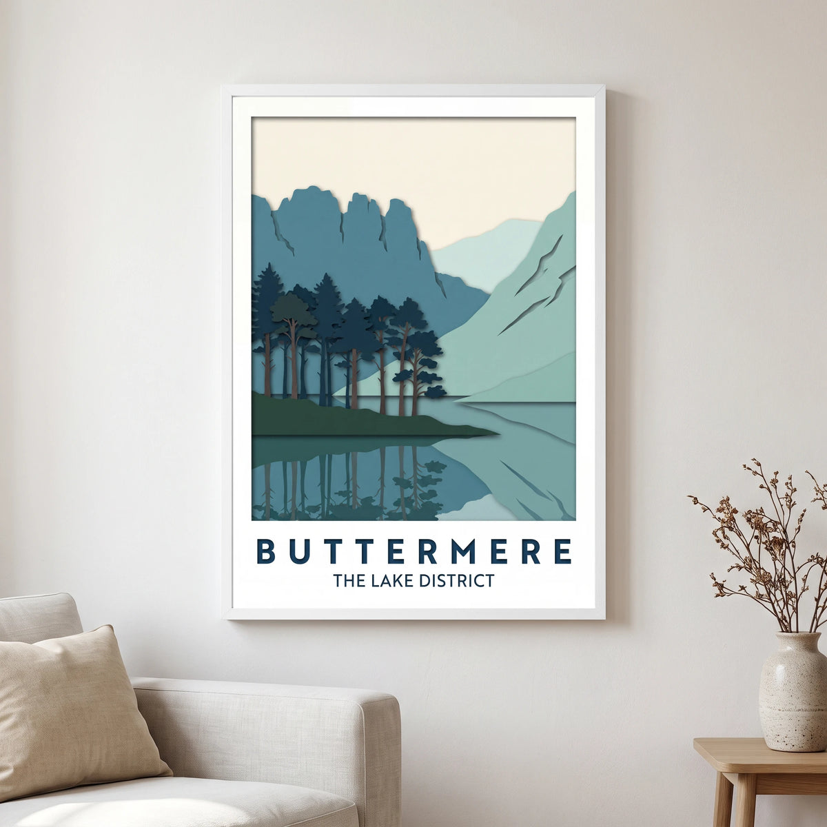 Buttermere travel poster in a white frame, hanging in a living2