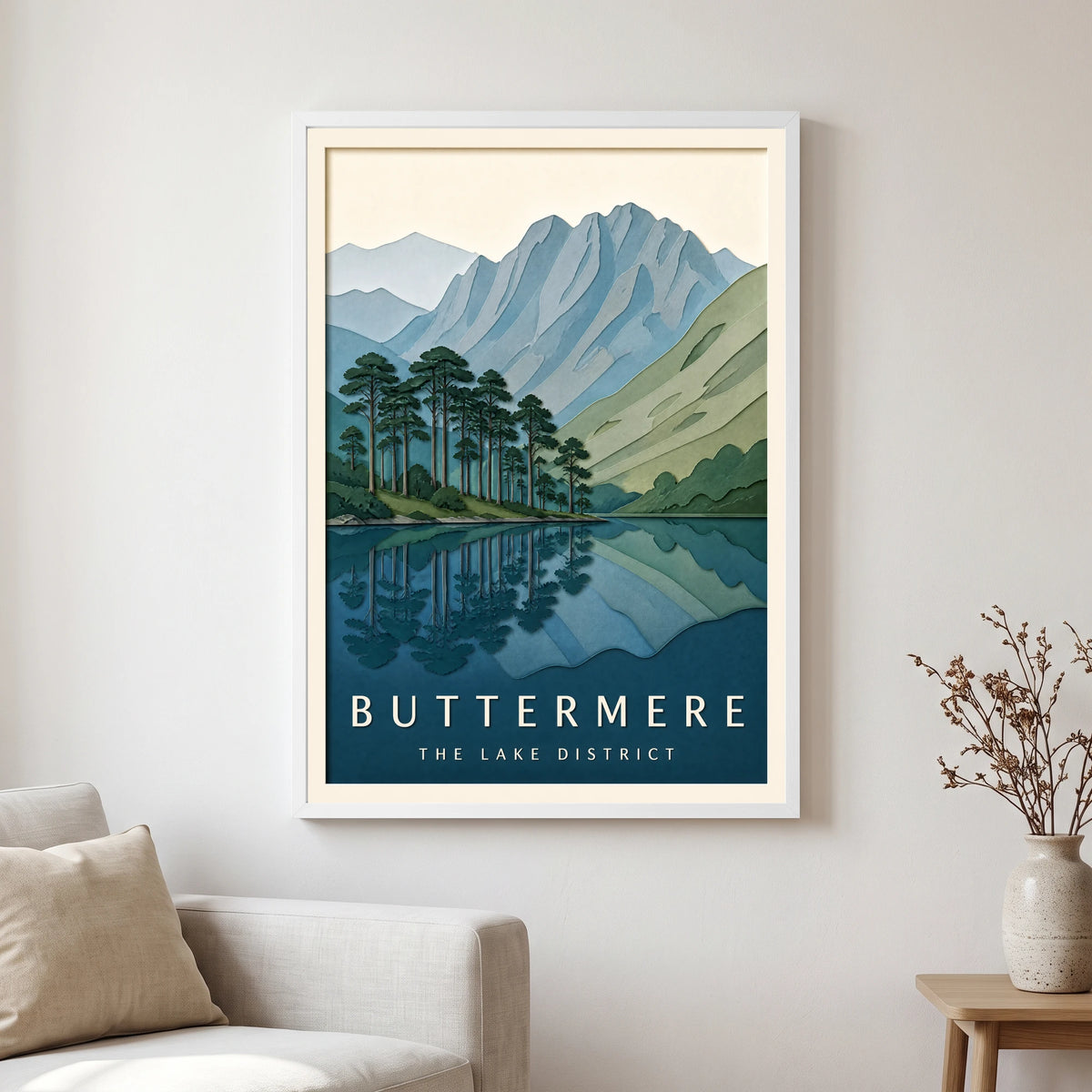 Buttermere travel poster in a white frame, hanging in a living2