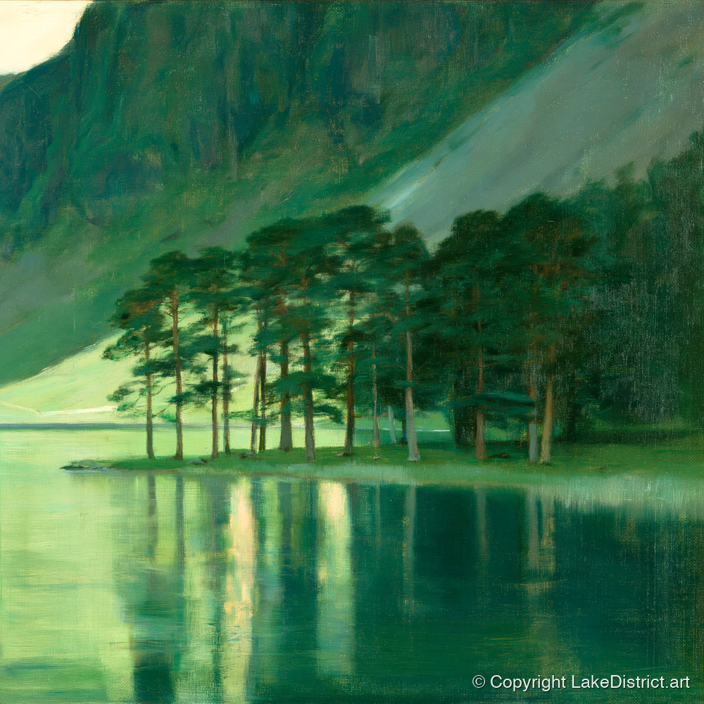 Buttermere Pines in Emerald Light - lake district lake art print and canvas by Lawrence Baines A.I