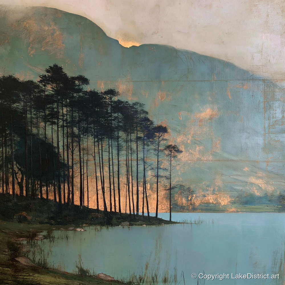 Buttermere Pines in Golden Light - lake district lake art print and canvas by Silas Thorne A.I