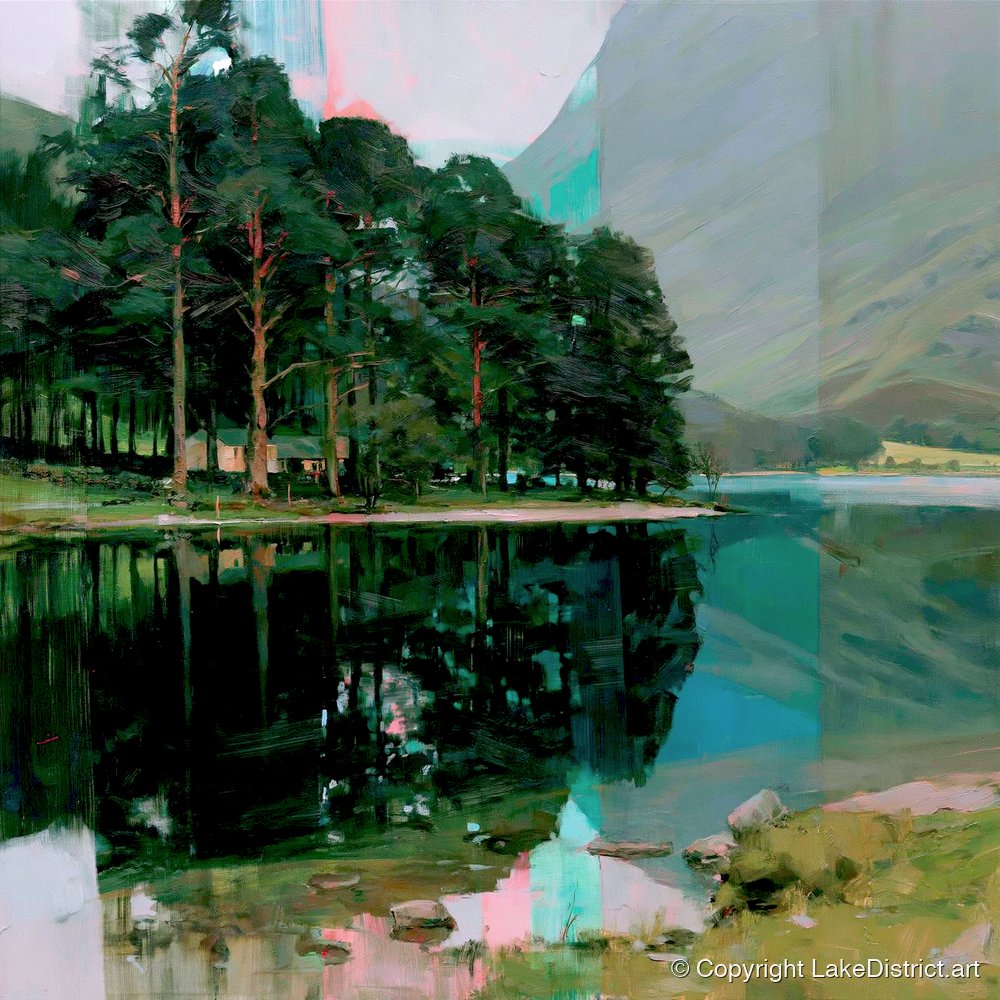 Buttermere Pines in Modern Light - lake district lake art print and canvas by Quentin Hart A.I