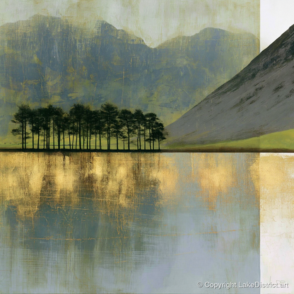 Buttermere Pines in Slate and Gold - lake district lake art print and canvas by Graham Whitaker A.I