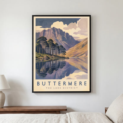 Buttermere travel poster in a black frame, hanging in a bedroom3