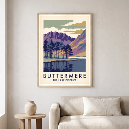 Buttermere travel poster in a natural frame, hanging in a living