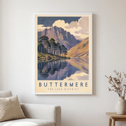 Buttermere travel poster in a white frame, hanging in a living2