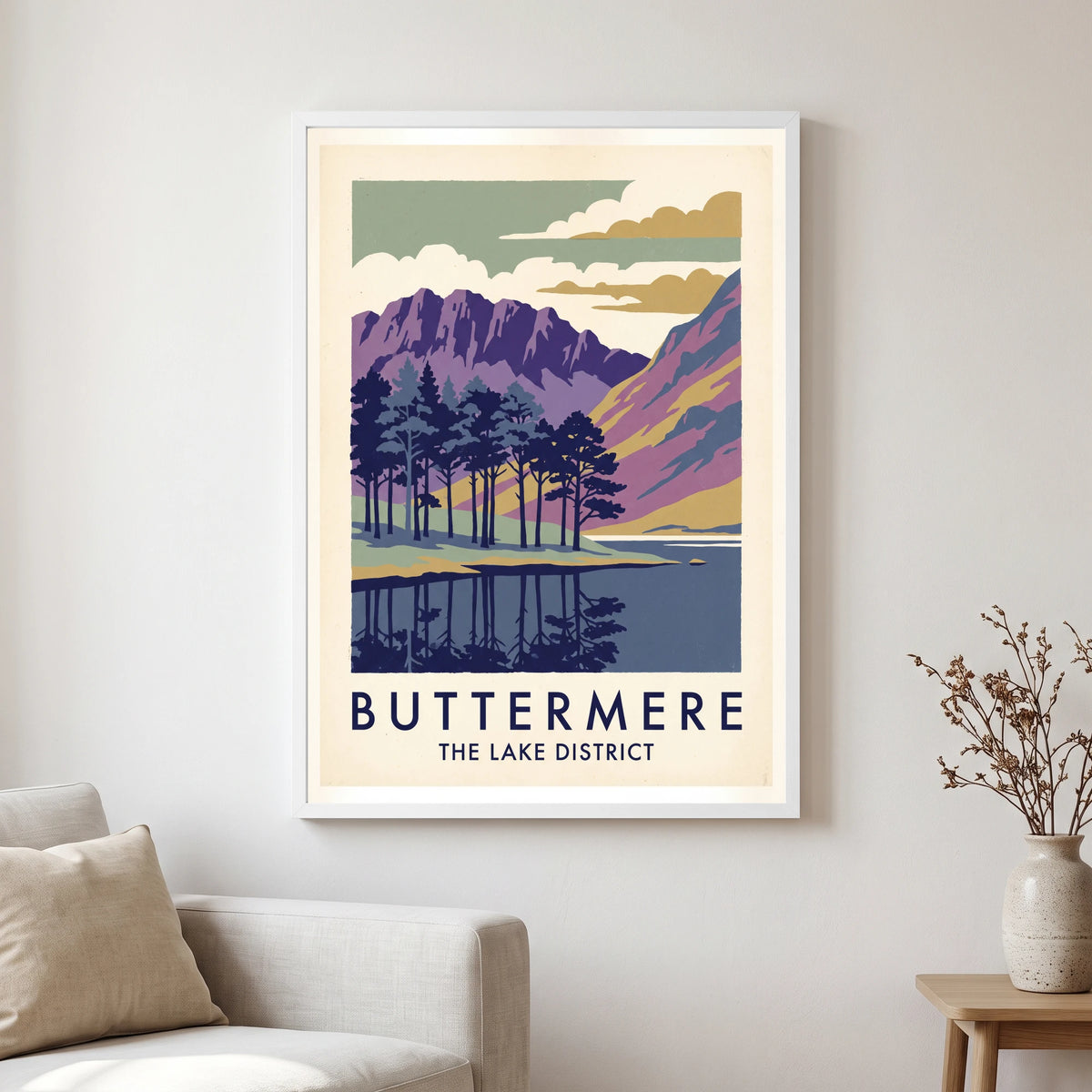 Buttermere travel poster in a white frame, hanging in a living2