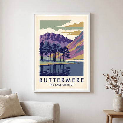 Buttermere travel poster in a white frame, hanging in a living2