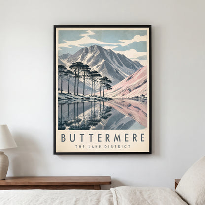 Buttermere travel poster in a black frame, hanging in a bedroom3
